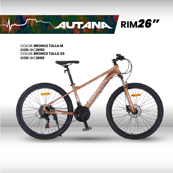 Bicicleta MTB Rim 26", Frenos Hidráulicos, 21 velocidades marca SHIMANO Tourney TZ/EZ FIRE, Cuadro de aluminio aerodinámico oversize, Talla M (Para personas a partir de 160cm a 180cm de altura), Suspensión delantera, Rines de aluminio doble pared.