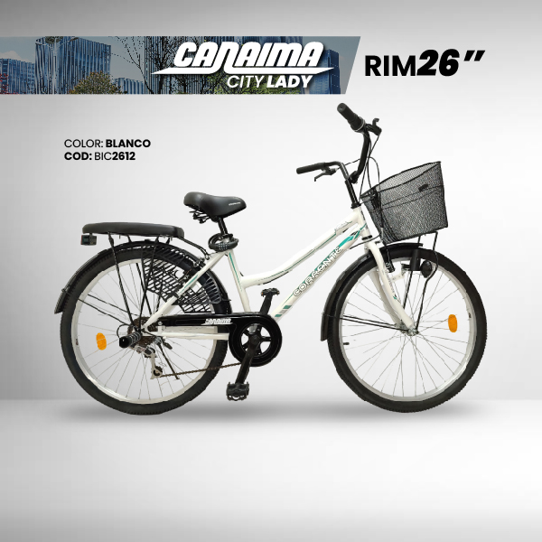 Bicicleta de Ciudad Rim 26" con 6 velocidades, cesta frontal, luz con dinamo, cubre falda, candado de combinación y cojín trasero con posapiés.