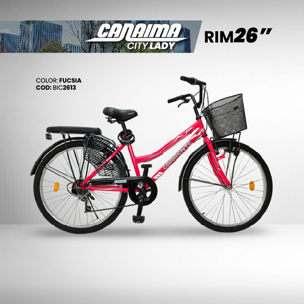 Bicicleta de Ciudad Rim 26" con 6 velocidades, cesta frontal, luz con dinamo, cubre falda, candado de combinación y cojín trasero con posapiés.