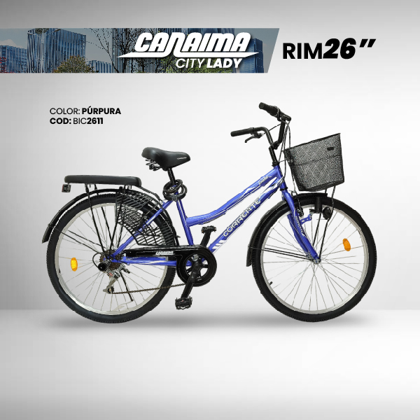 Bicicleta de Ciudad Rim 26" con 6 velocidades, cesta frontal, luz con dinamo, cubre falda, candado de combinación y cojín trasero con posapiés.