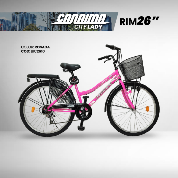 Bicicleta de Ciudad Rim 26" con 6 velocidades, cesta frontal, luz con dinamo, cubre falda, candado de combinación y cojín trasero con posapiés.