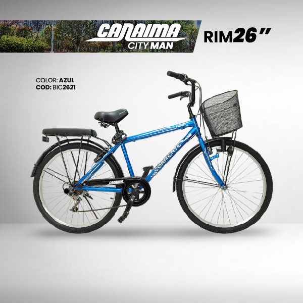Bicicleta de Ciudad Rim 26" con 6 velocidades, cesta frontal, luz con dinamo, candado de combinación y cojín trasero con posapiés.