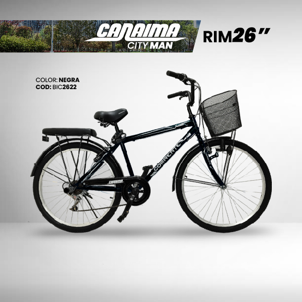 Bicicleta de Ciudad Rim 26" con 6 velocidades, cesta frontal, luz con dinamo, candado de combinación y cojín trasero con posapiés.