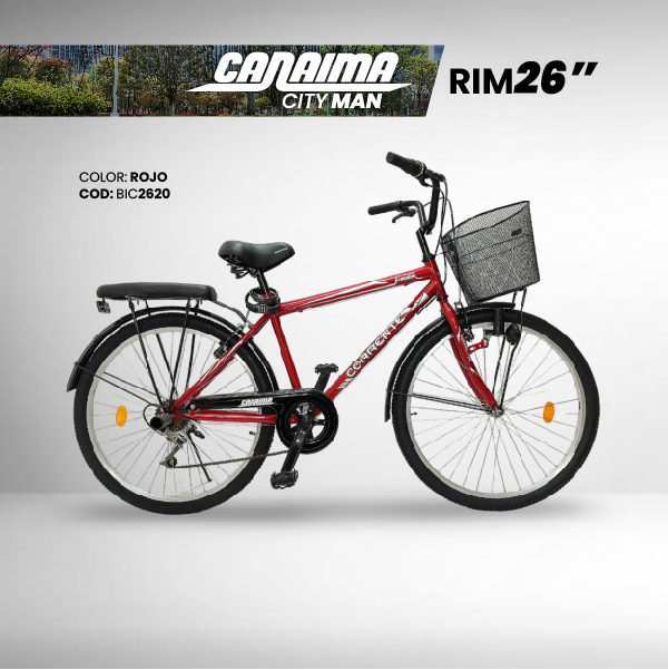 Bicicleta de Ciudad Rim 26" con 6 velocidades, cesta frontal, luz con dinamo, candado de combinación y cojín trasero con posapiés.