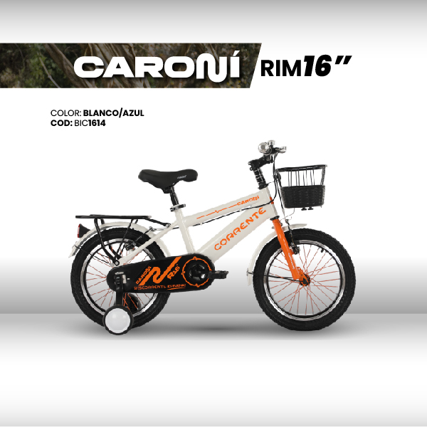 Kid City Bike Rim 16", Ruedas estabilizadoras, Rayos de colores, Cesta delantera metálica, Parrilla trasera, Cuadro oversize, Guardafangos, Rines de aluminio, Retrovisores y timbre