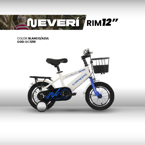 Kid City Bike Rim 12", Ruedas estabilizadoras, Rayos de colores, Cesta delantera metálica, Parrilla trasera, Cuadro oversize, Guardafangos, Rines de aluminio, Retrovisores y timbre.