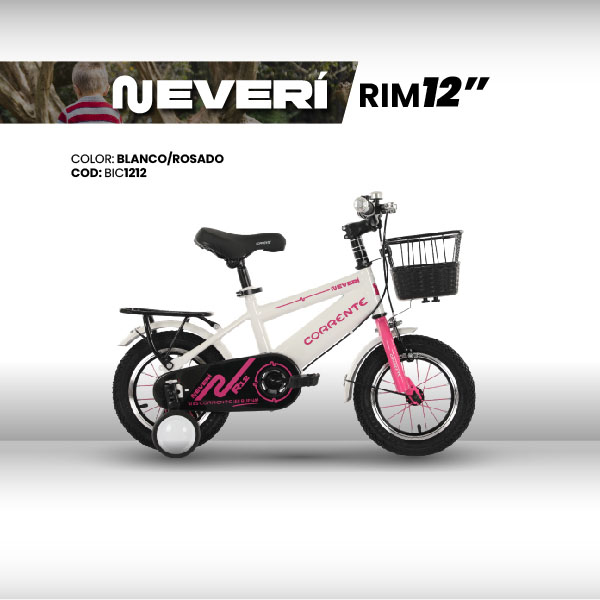 Kid City Bike Rim 12", Ruedas estabilizadoras, Rayos de colores, Cesta delantera metálica, Parrilla trasera, Cuadro oversize, Guardafangos, Rines de aluminio, Retrovisores y timbre.