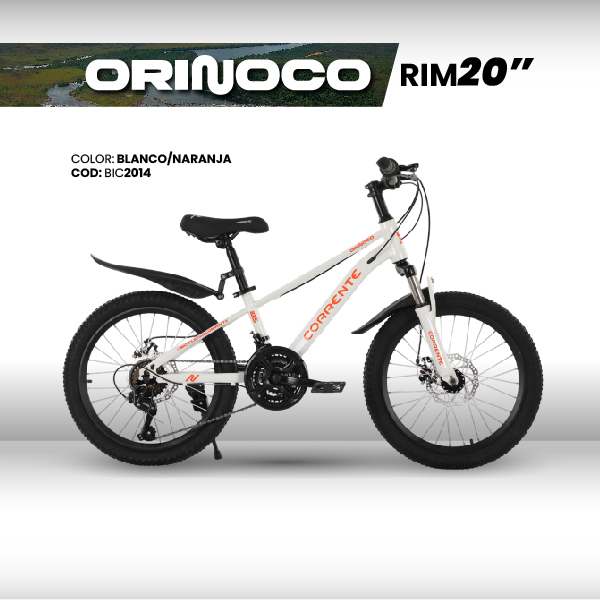 Bicicleta MTB 20", 21 velocidades SHIMANO Tourney Revoshift, Rayos de colores, Cuadro aleación de acero AERODINÁMICO oversize, Guardafangos, Rines de aluminio doble pared, Frenos V-Brakes
