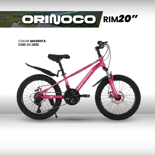 Bicicleta MTB 20", 21 velocidades SHIMANO Tourney Revoshift, Rayos de colores, Cuadro aleación de acero AERODINÁMICO oversize, Guardafangos, Rines de aluminio doble pared, Frenos V-Brakes